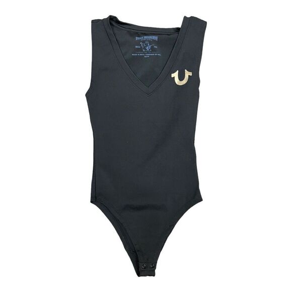 True Religion Black Scoop V Neck Seamless Bodysuit Size XS Snap Stretch EUC - Picture 1 of 5